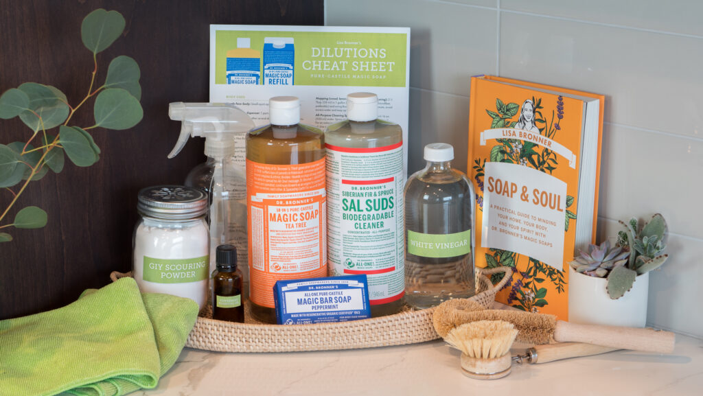 A basket full of green cleaning ingredients.