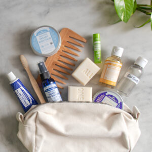 Dr. Bronner's travel sized products in a travel kit - travelling with Dr. Bronner's products