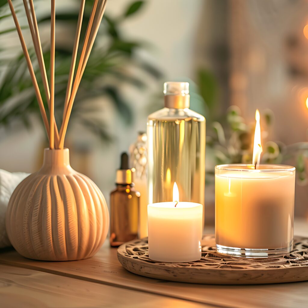 Aroma lamp bottle of oil candles and air reed freshener on wooden table in bathroom